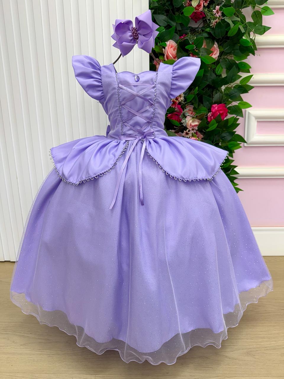 Vestido Longo Rapunzel para Mini Miss com Tule Brilhante e Mangas Bufantes