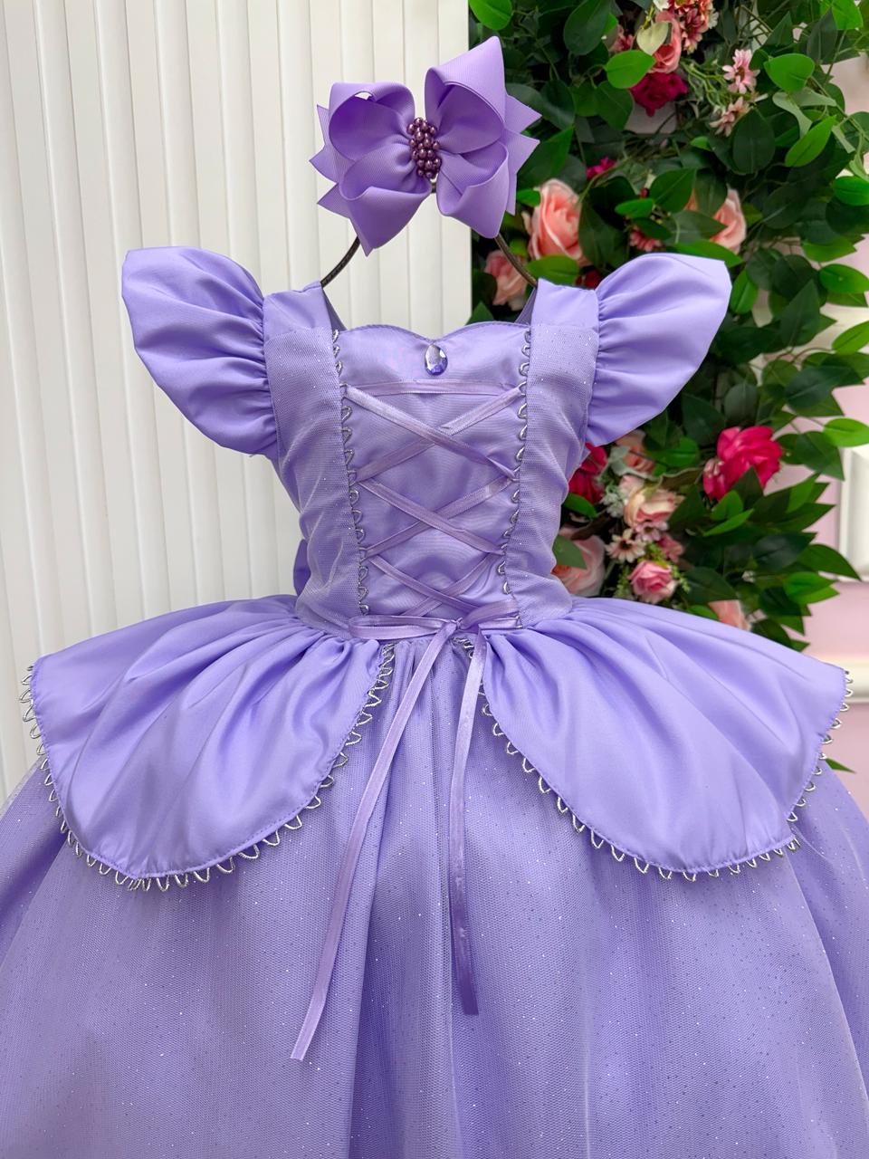 Vestido Longo Rapunzel para Mini Miss com Tule Brilhante e Mangas Bufantes