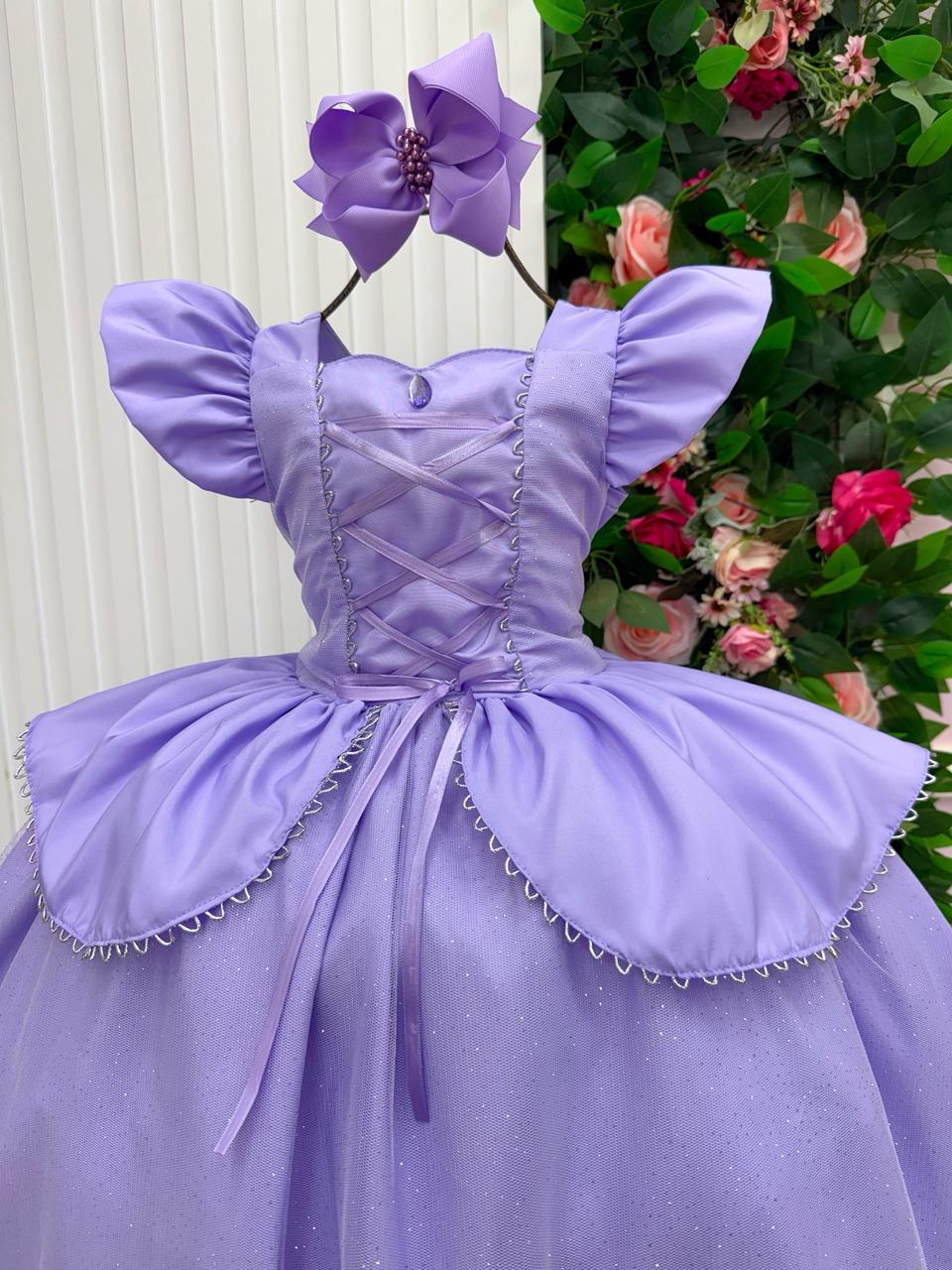 Vestido Longo Rapunzel para Mini Miss com Tule Brilhante e Mangas Bufantes