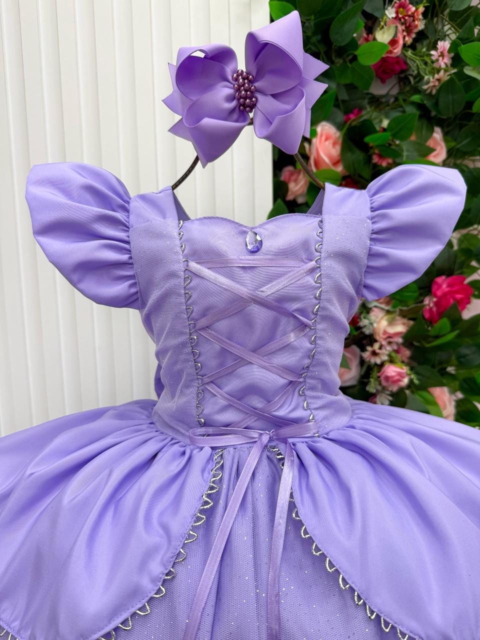 Vestido Longo Rapunzel para Mini Miss com Tule Brilhante e Mangas Bufantes