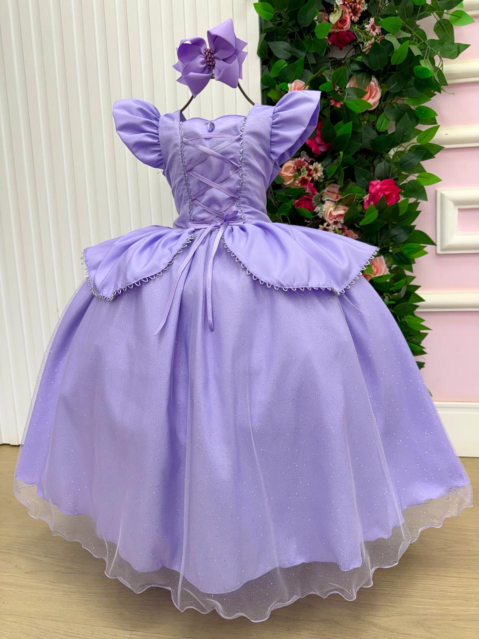 Vestido Longo Rapunzel para Mini Miss com Tule Brilhante e Mangas Bufantes
