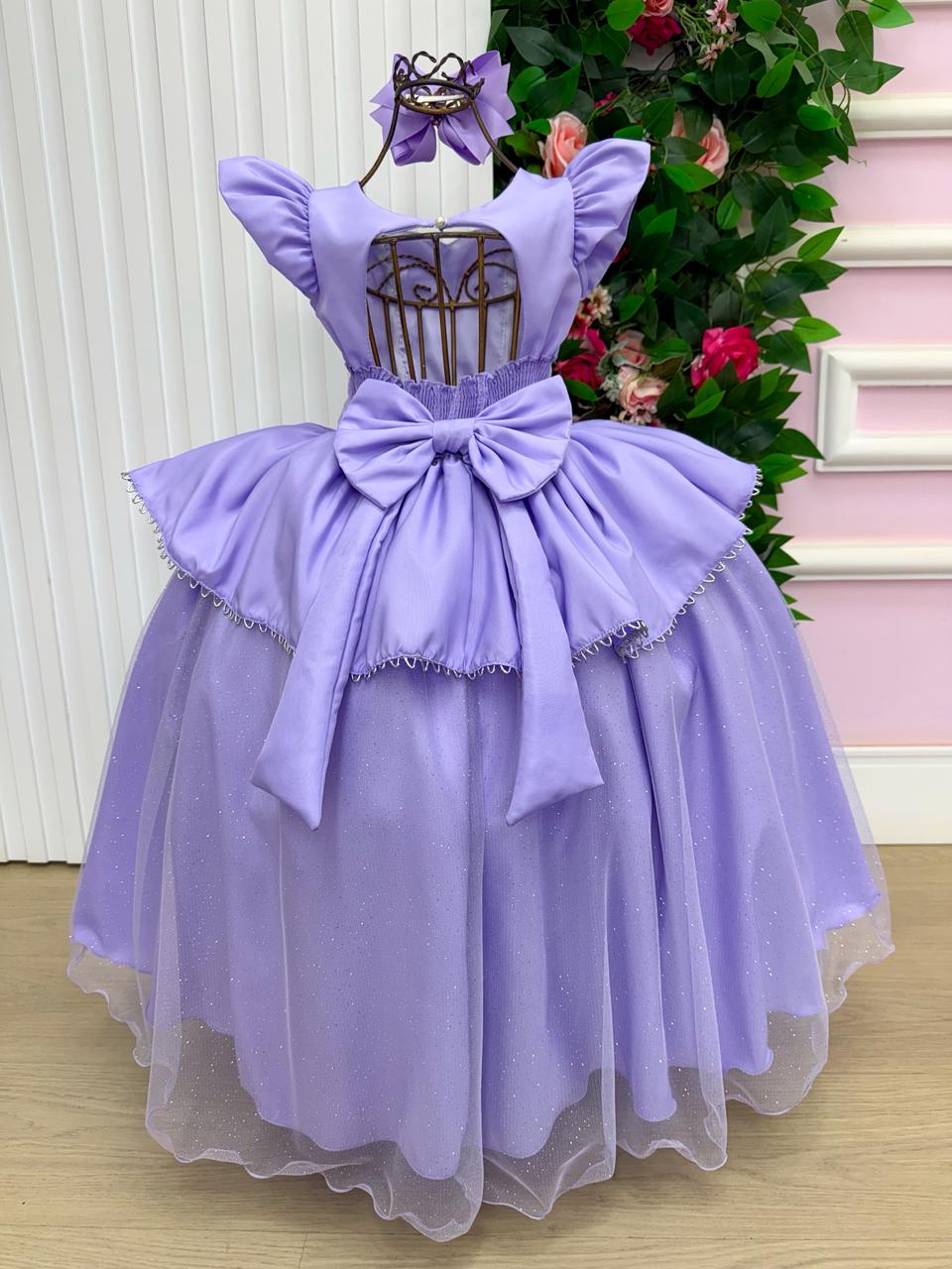 Vestido Longo Rapunzel para Mini Miss com Tule Brilhante e Mangas Bufantes