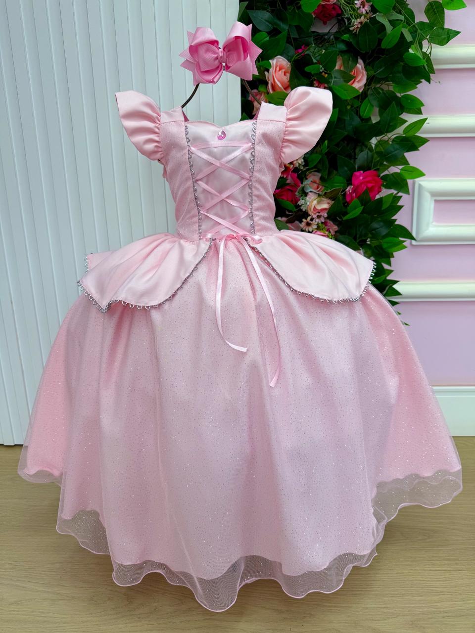 Vestido Longo A Bela Adormecida para Mini Miss com Tule Brilhante e Mangas Bufantes