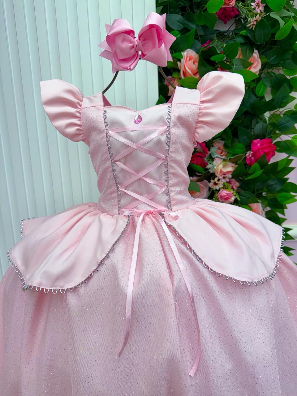 Vestido Longo A Bela Adormecida para Mini Miss com Tule Brilhante e Mangas Bufantes
