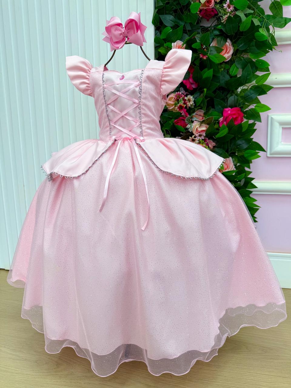 Vestido Longo A Bela Adormecida para Mini Miss com Tule Brilhante e Mangas Bufantes