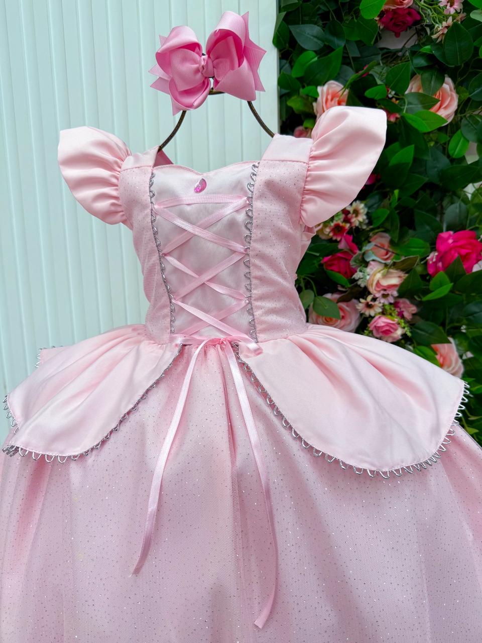Vestido Longo A Bela Adormecida para Mini Miss com Tule Brilhante e Mangas Bufantes