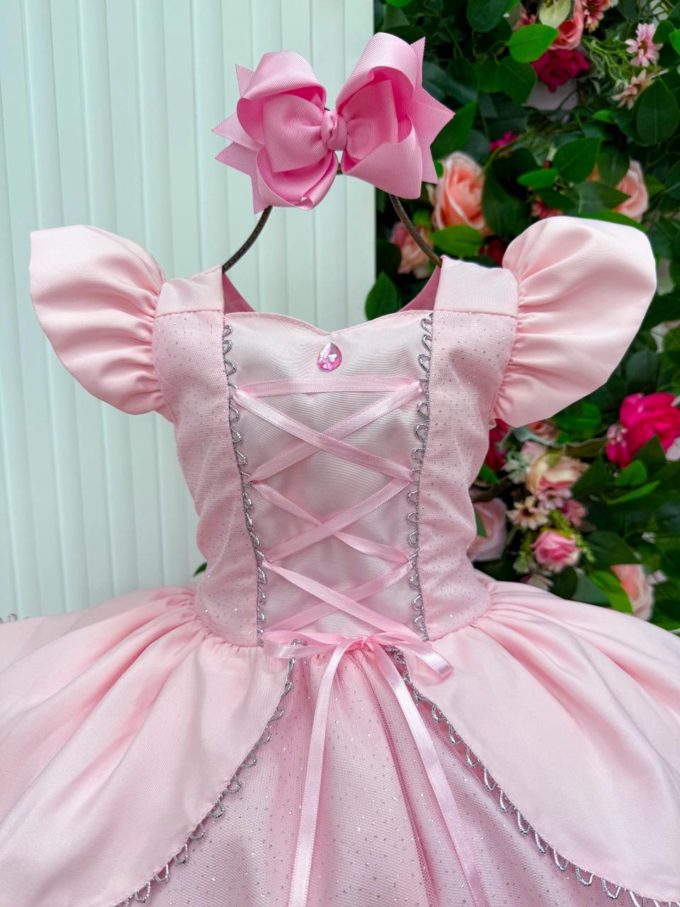 Vestido Longo A Bela Adormecida para Mini Miss com Tule Brilhante e Mangas Bufantes