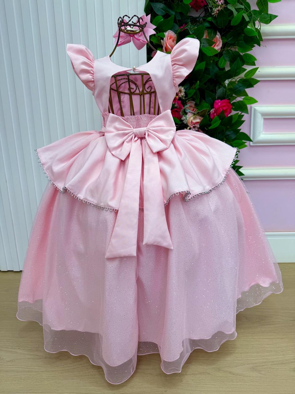 Vestido Longo A Bela Adormecida para Mini Miss com Tule Brilhante e Mangas Bufantes