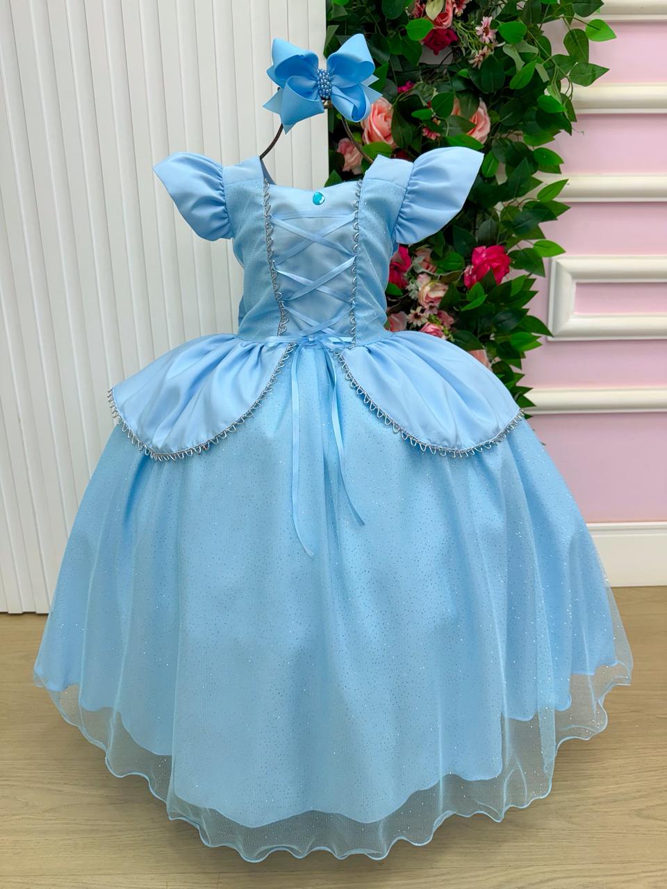 Vestido Longo Cinderela com Tule Brilhante e Mangas Bufantes