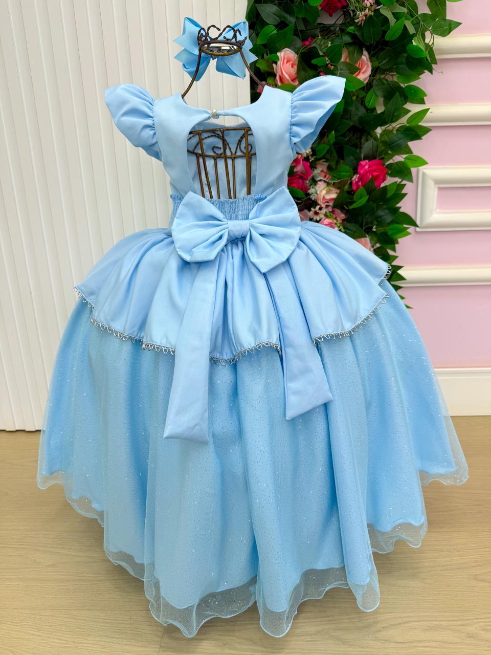 Vestido Longo Cinderela com Tule Brilhante e Mangas Bufantes