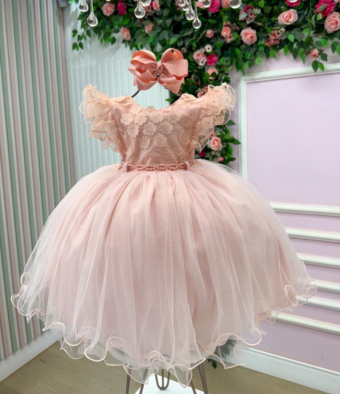 Vestido Infantil Pessego em Tecido Tafeta com Laço e Gola Redonda
