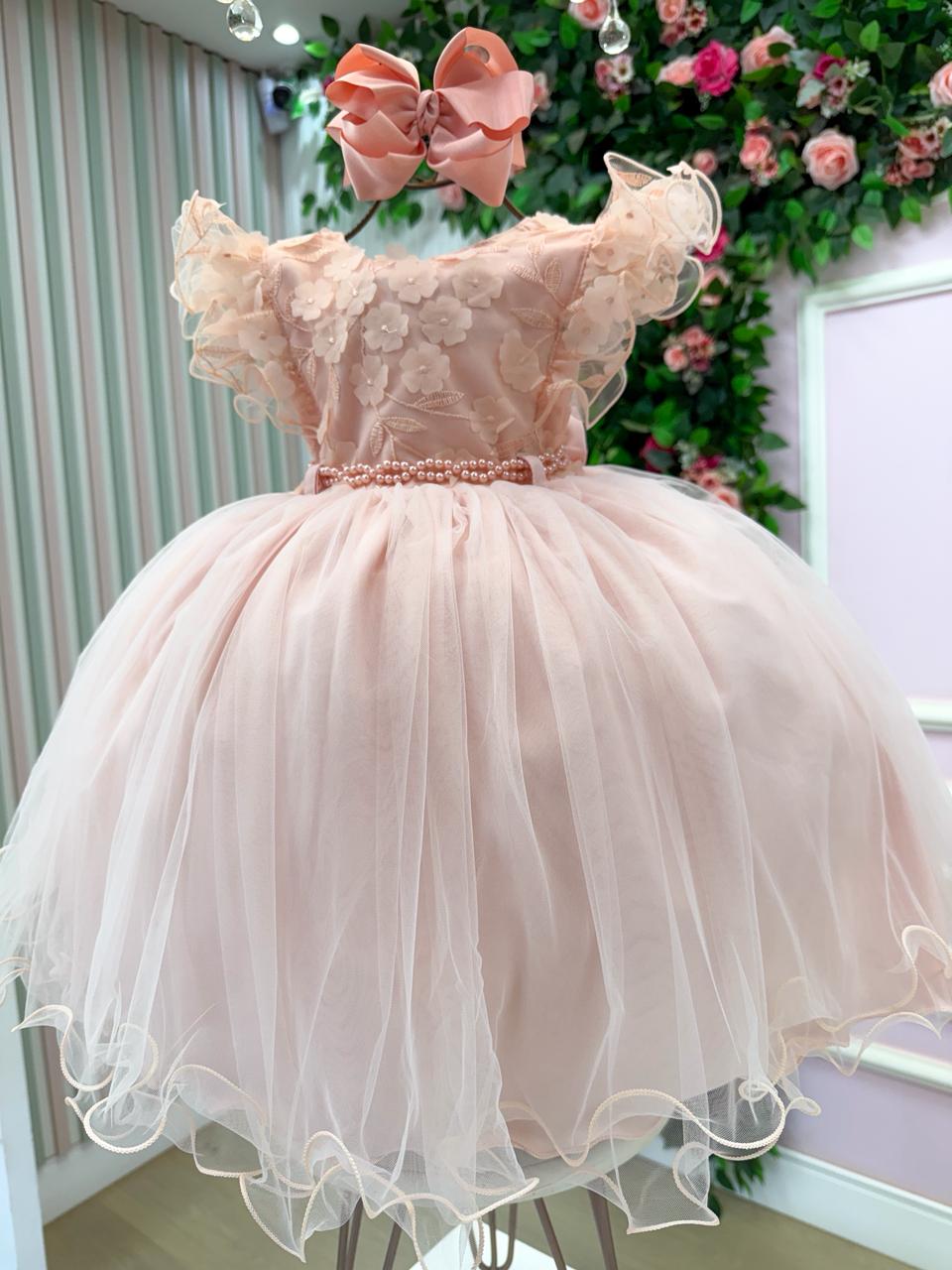 Vestido Infantil Pessego em Tecido Tafeta com Laço e Gola Redonda