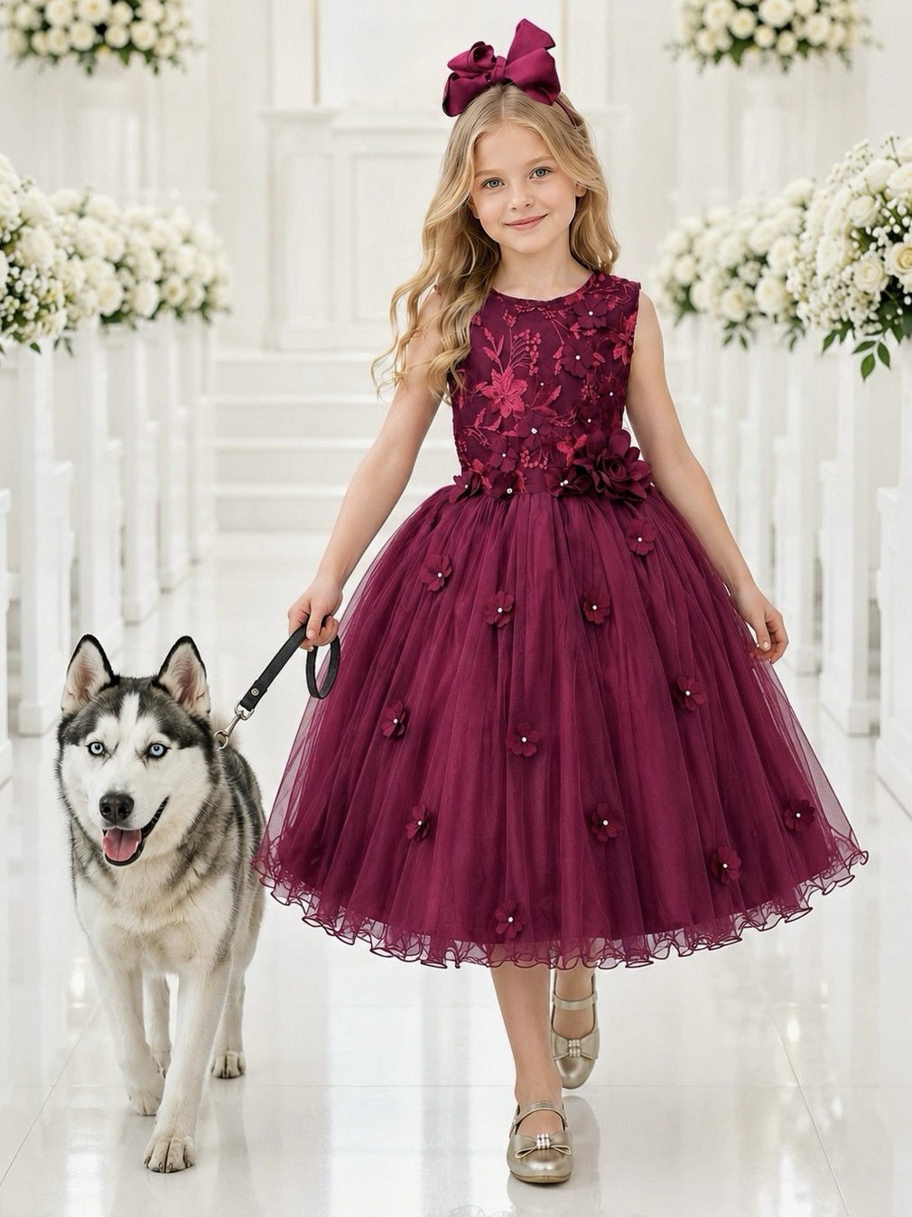 Vestido Infantil Luxo Marsala com Renda e Flores em Aplique
