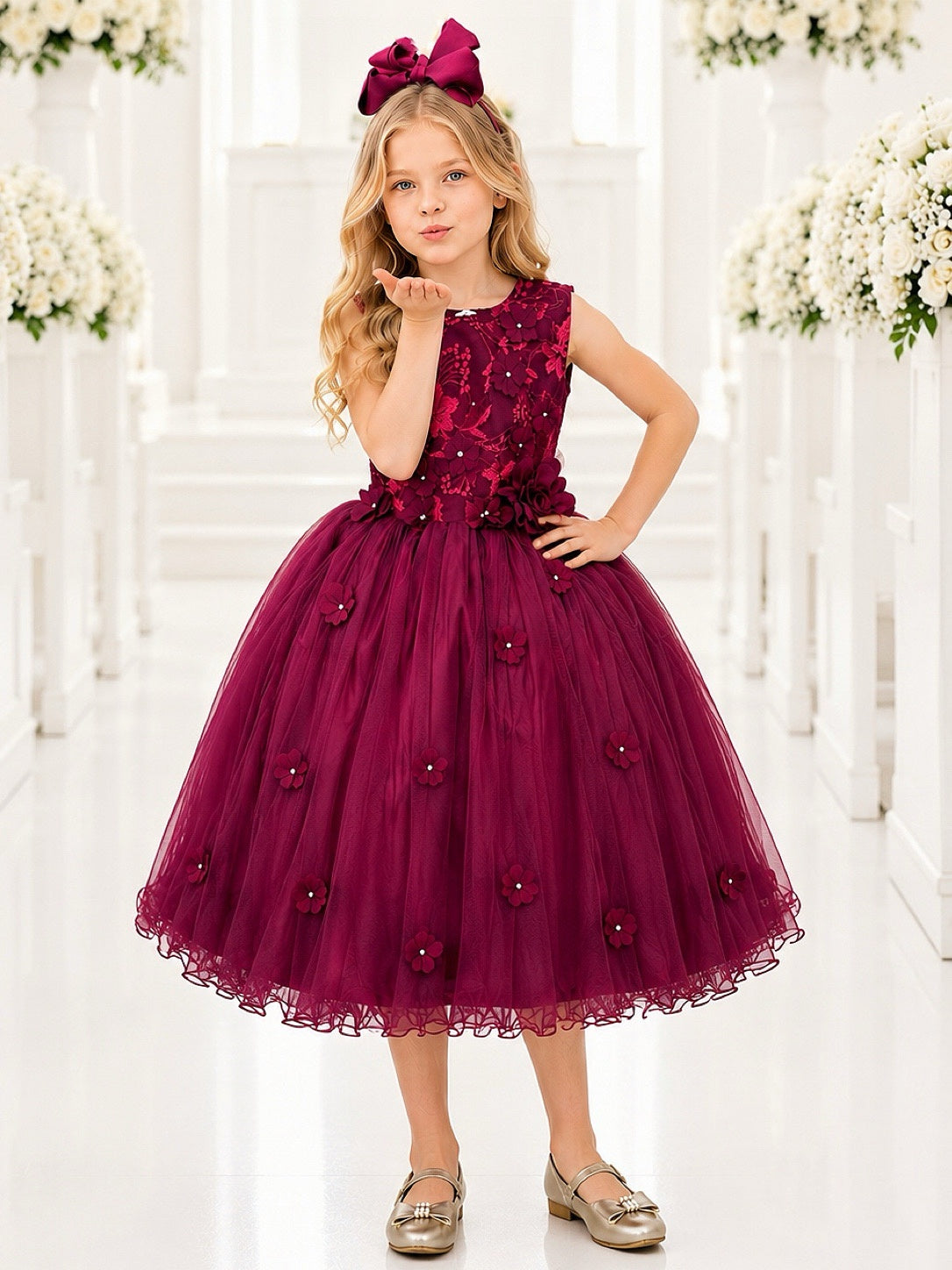 Vestido Infantil Luxo Marsala com Renda e Flores em Aplique