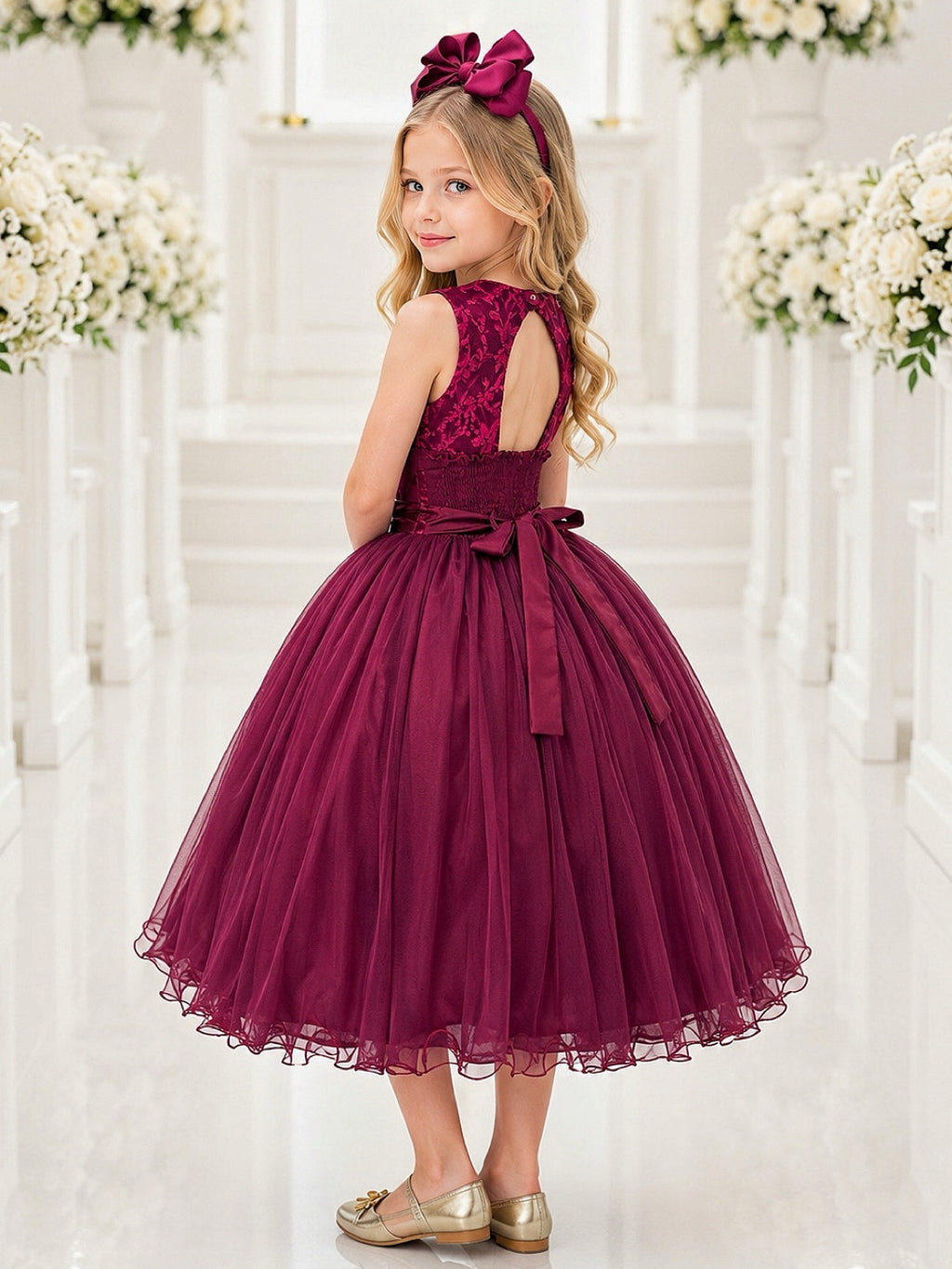 Vestido Infantil Luxo Marsala com Renda e Flores em Aplique