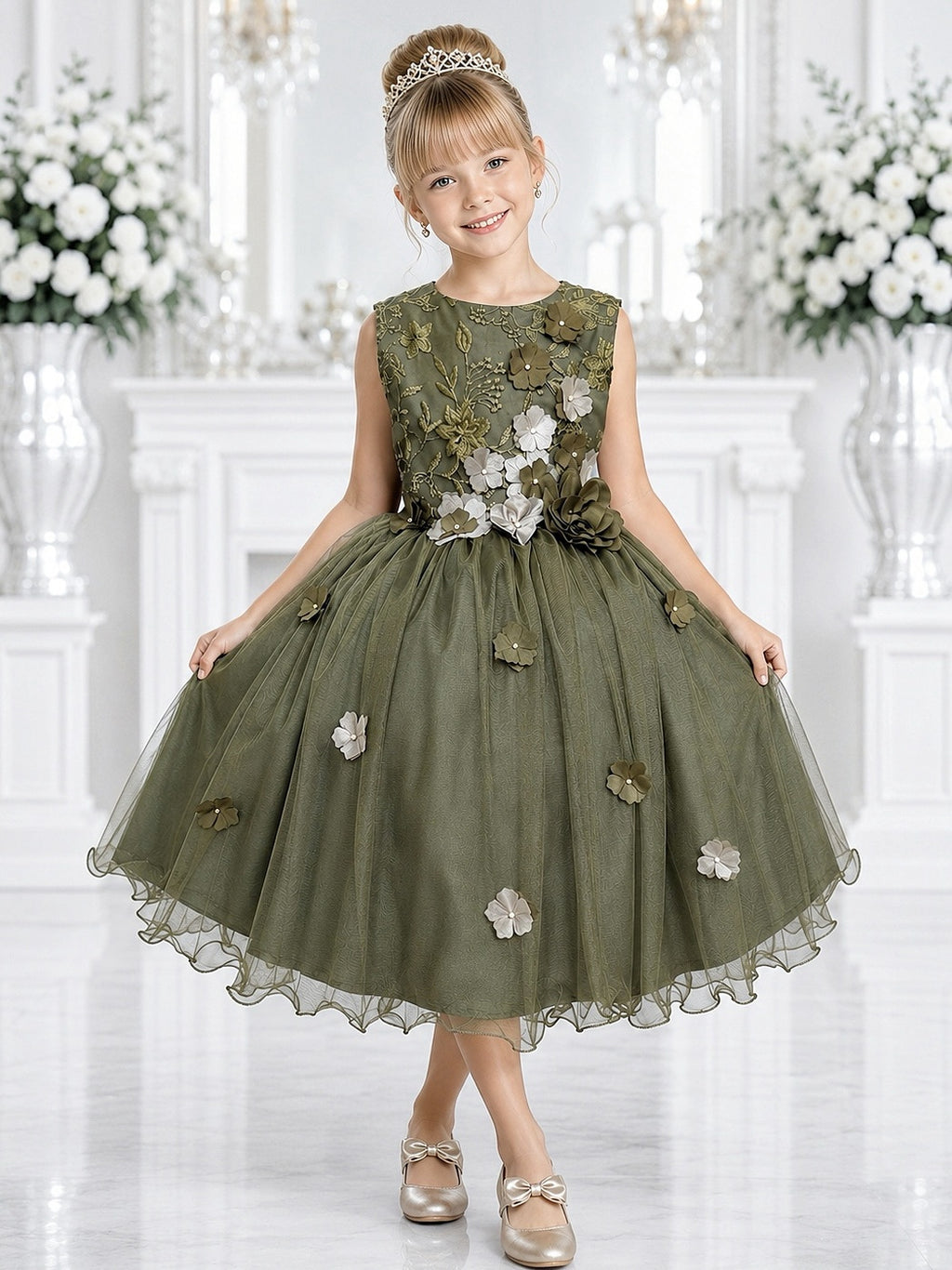 Vestido Infantil Verde com Renda e Aplique de Flores para Damas