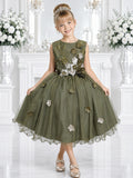 Vestido Infantil Verde com Renda e Aplique de Flores para Damas