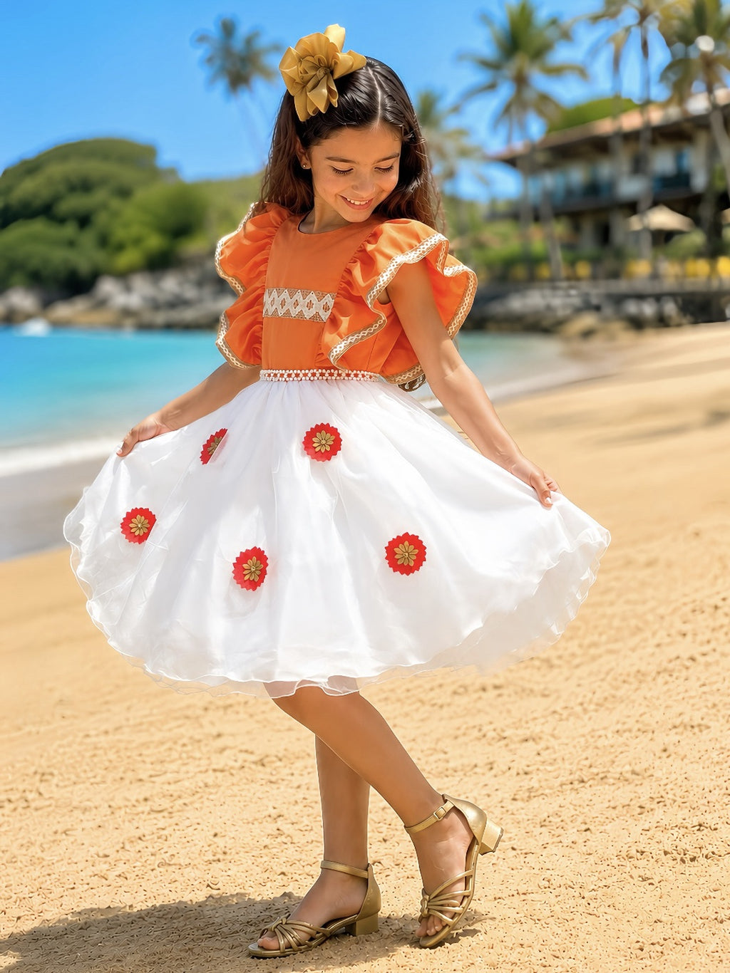 Vestido Infantil Laranja com Apliques de Flores para Festa